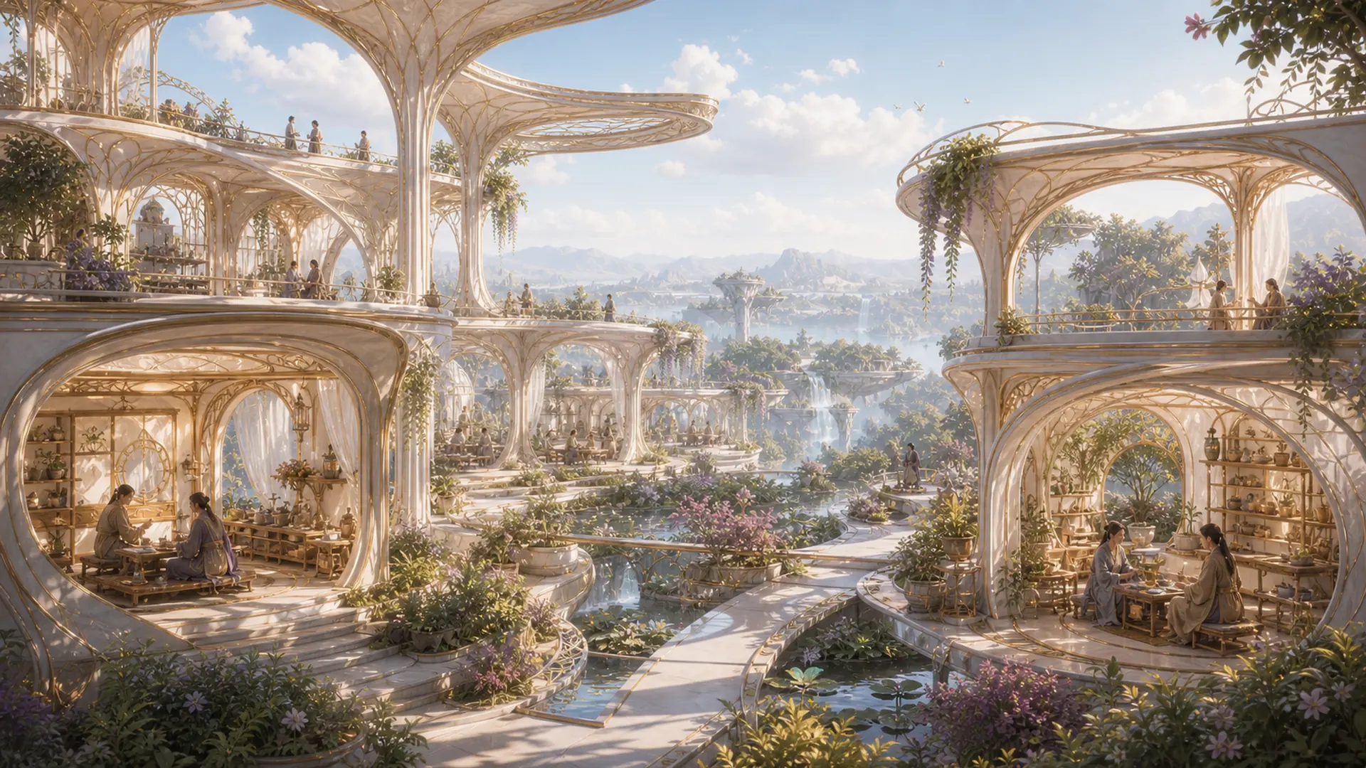 Several distinct practitioner and support conversations taking place in equal garden studios across an Erlandia canopy