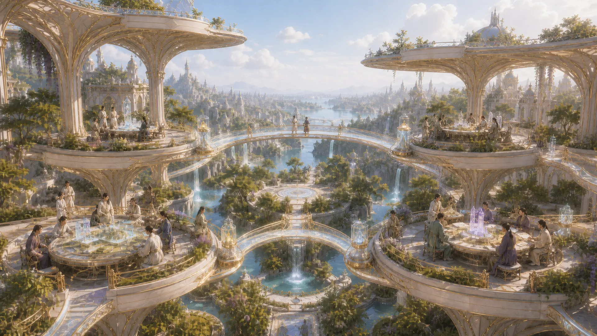 Several equal governance terraces connected around an open civic commons in Erlandia
