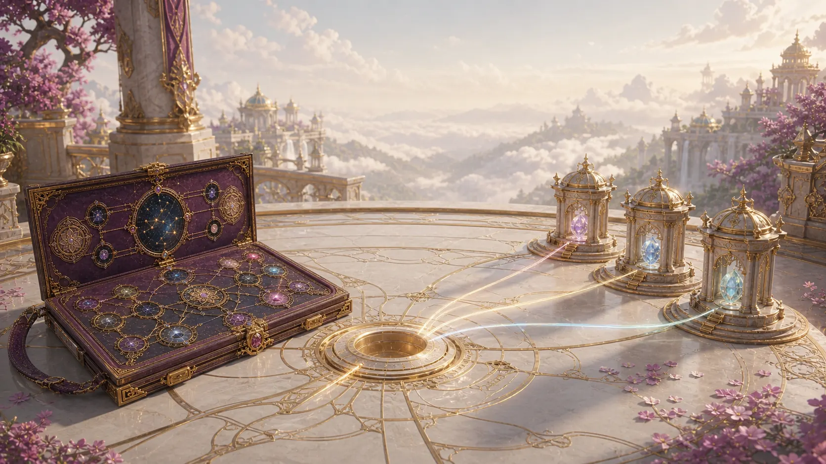 A personal constellation folio selectively sharing chosen paths with several equal receiving pavilions