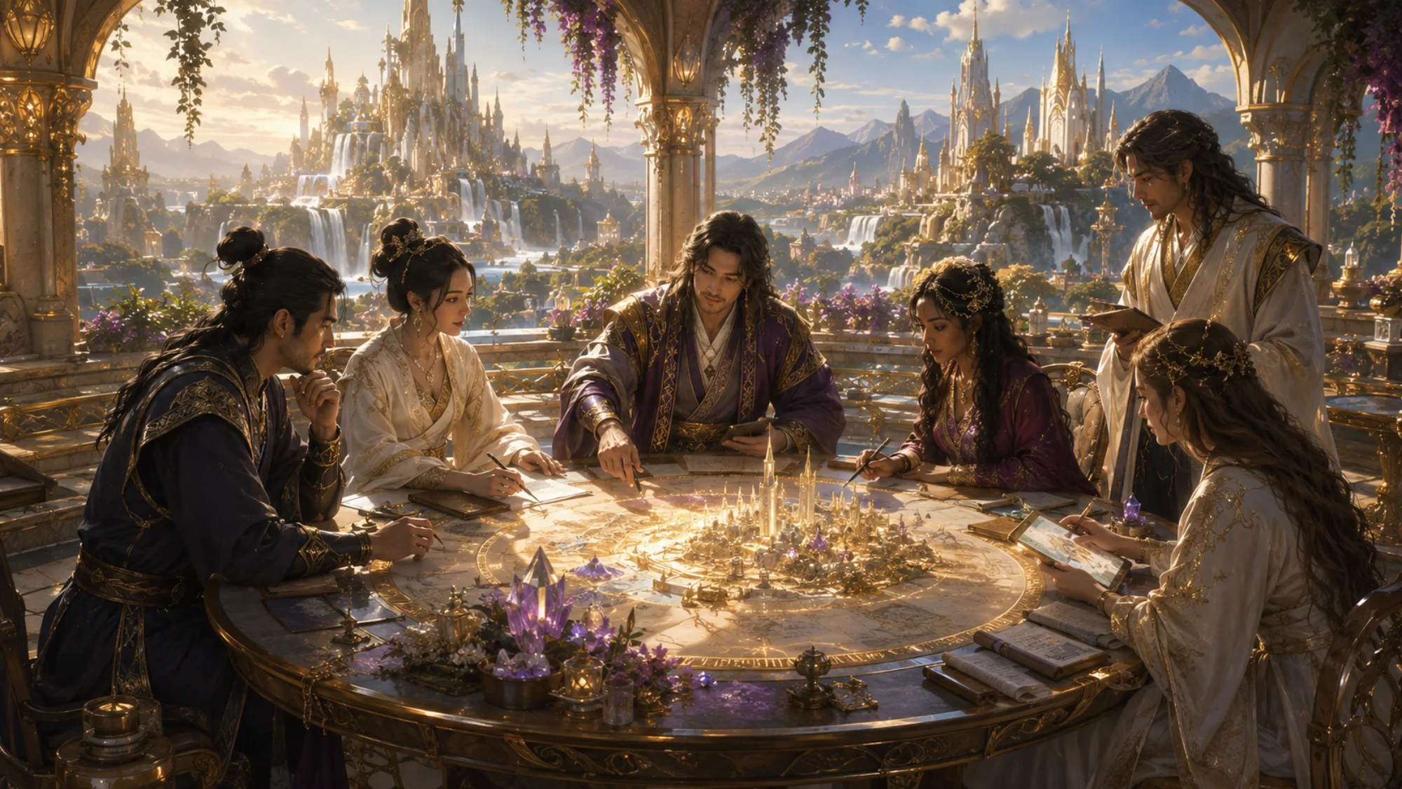 A council of people co-creating a luminous Erlandia city from a golden hall