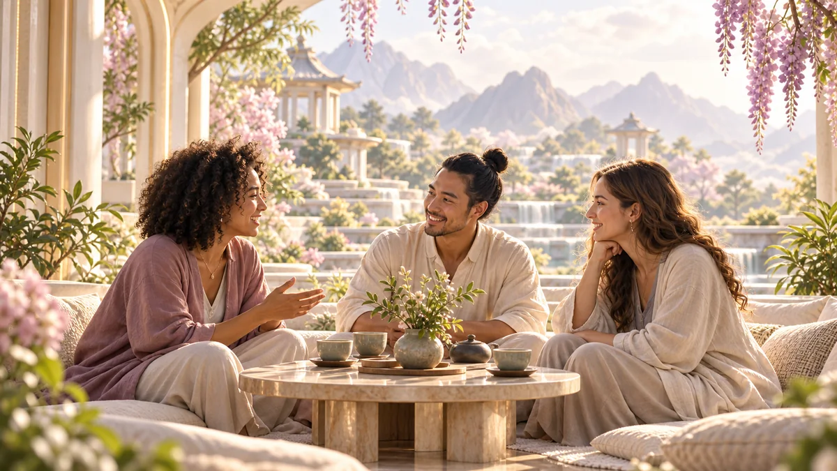 Practitioners sharing a friendly conversation around a table.